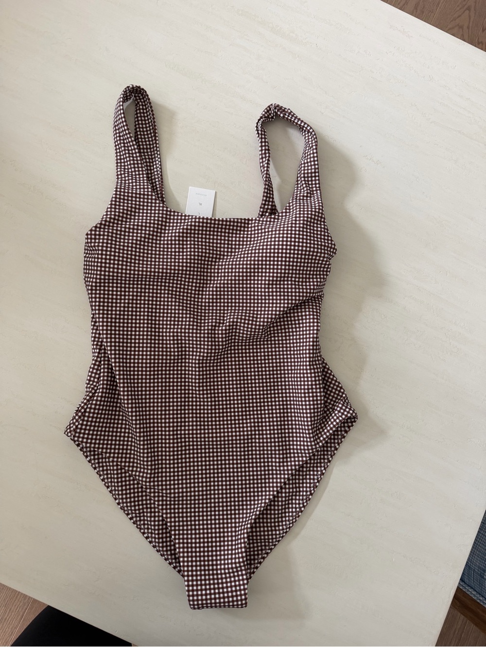 Brown Gingham One-Piece Swimsuit - Classic Scoop Neck